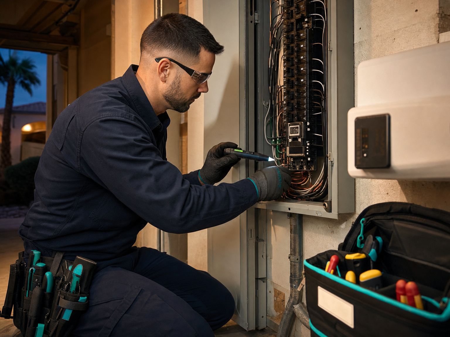 Electrician safely inspecting a residential electrical panel